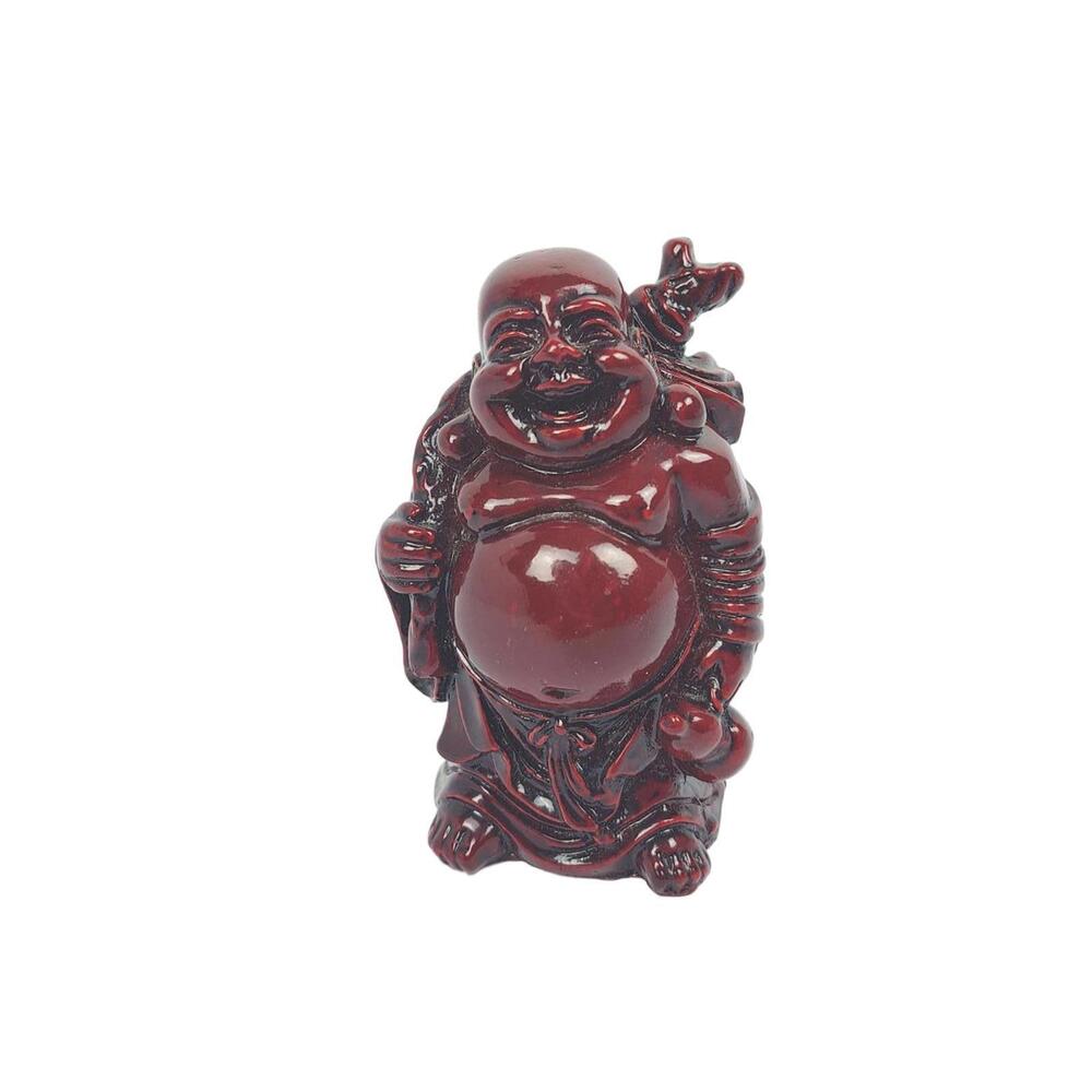 Vintage Laughing Buddha Fat Happy Figurine Red Dark Heavy 4"‎ Carved Details